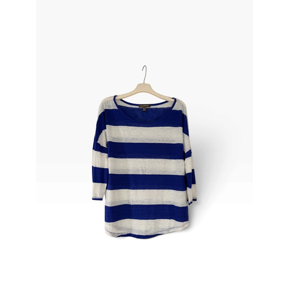 Tommy Bahama Womens XL Blue White Striped 100% Linen Scoop Neck Top 3/4 Sleeve
